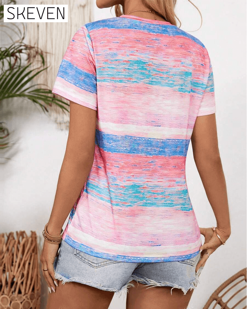 V-Neck Colorful Striped Versatile T-Shirt