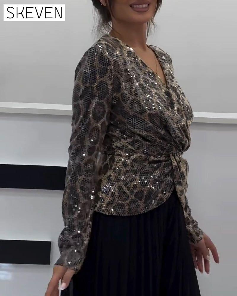 V-Neck Leopard Print Waist Shirt