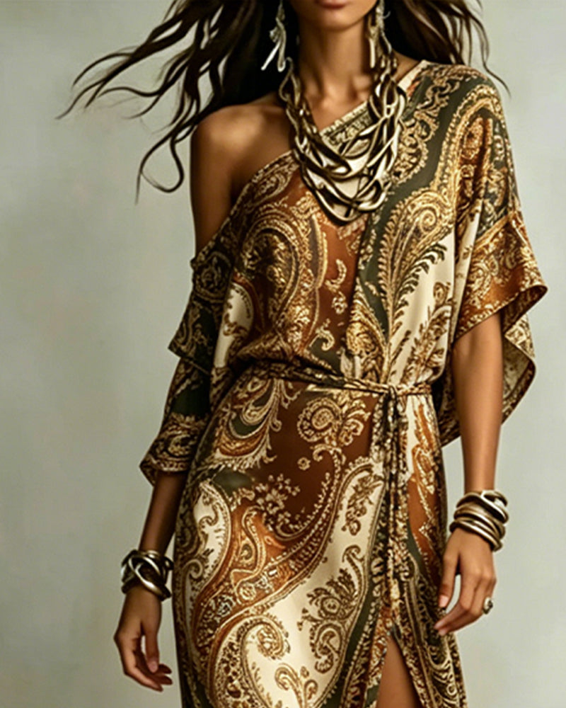 Paisley One-Shoulder Tie Slit Maxi Dress
