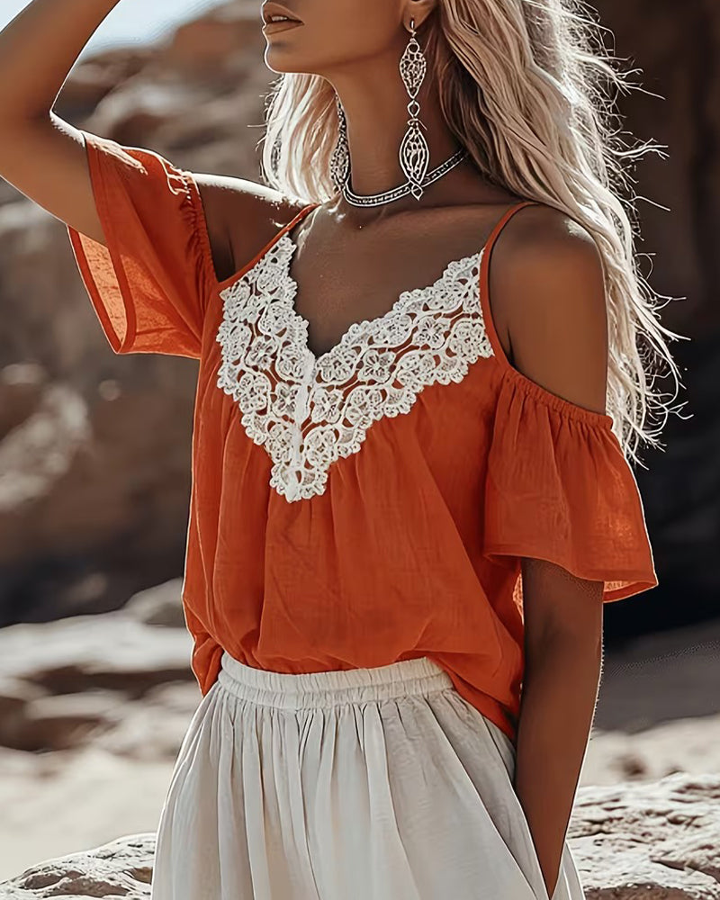 Lace Patchwork Off-Shoulder Blouse