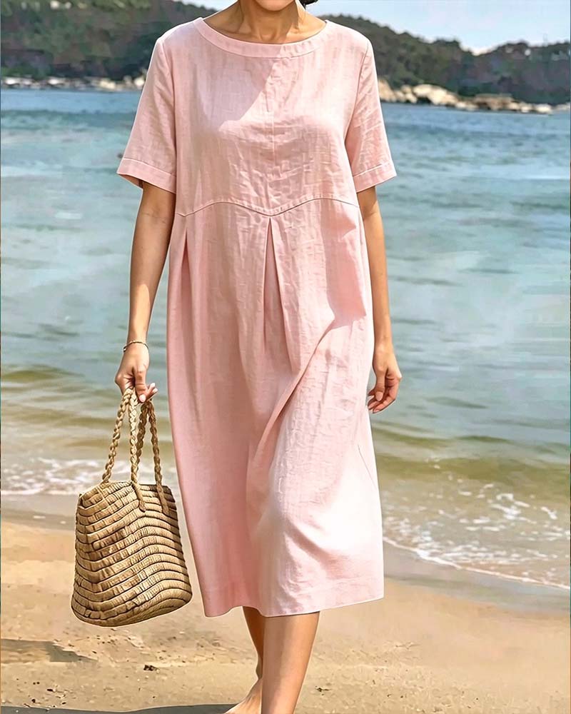 Round Neck Short Sleeve Solid Relaxed Dress
