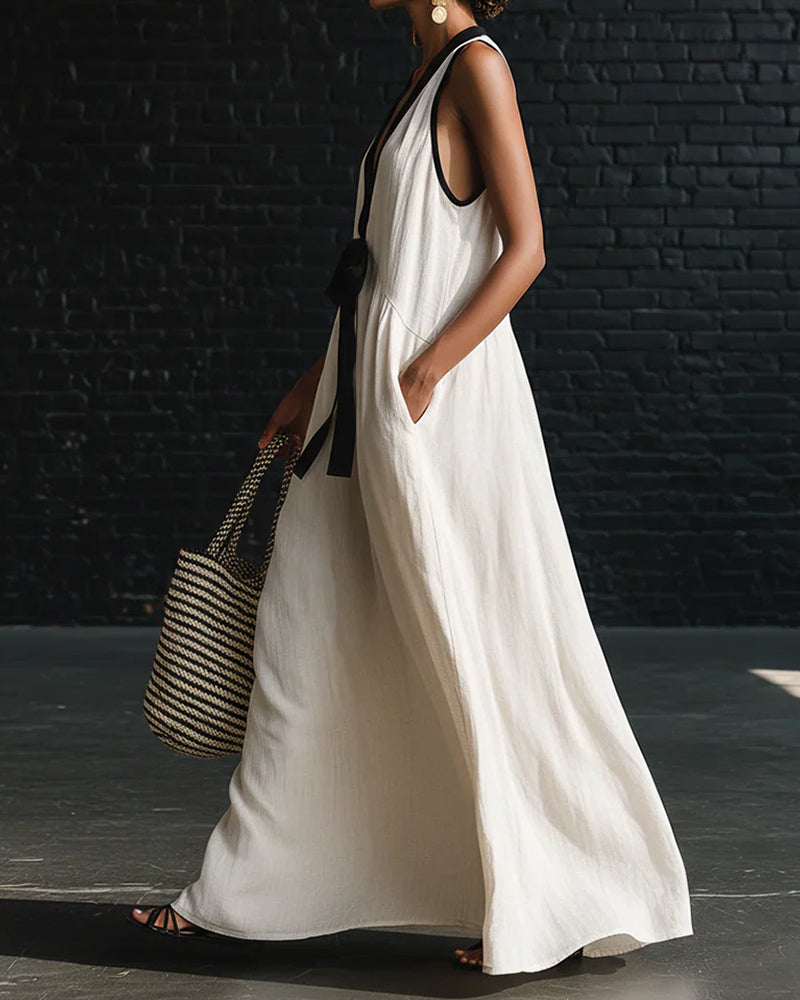 Color-Block V-Neck Tie Front Sleeveless Dress