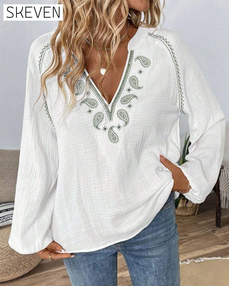 V-Neck Long-Sleeved Printed Casual Blouse