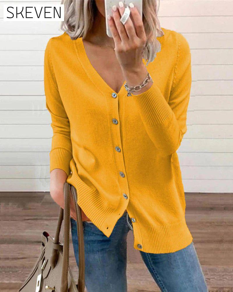 Schlichtes Stricktop mit Knopfverschluss und V-Ausschnitt für Damen 