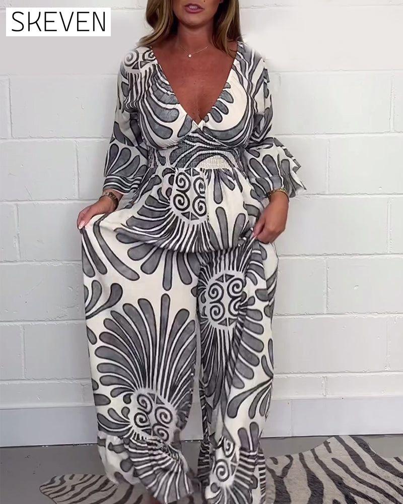 Deep V retro printed bell sleeve loose jumpsuit jumpsuits & rompers spring summer
