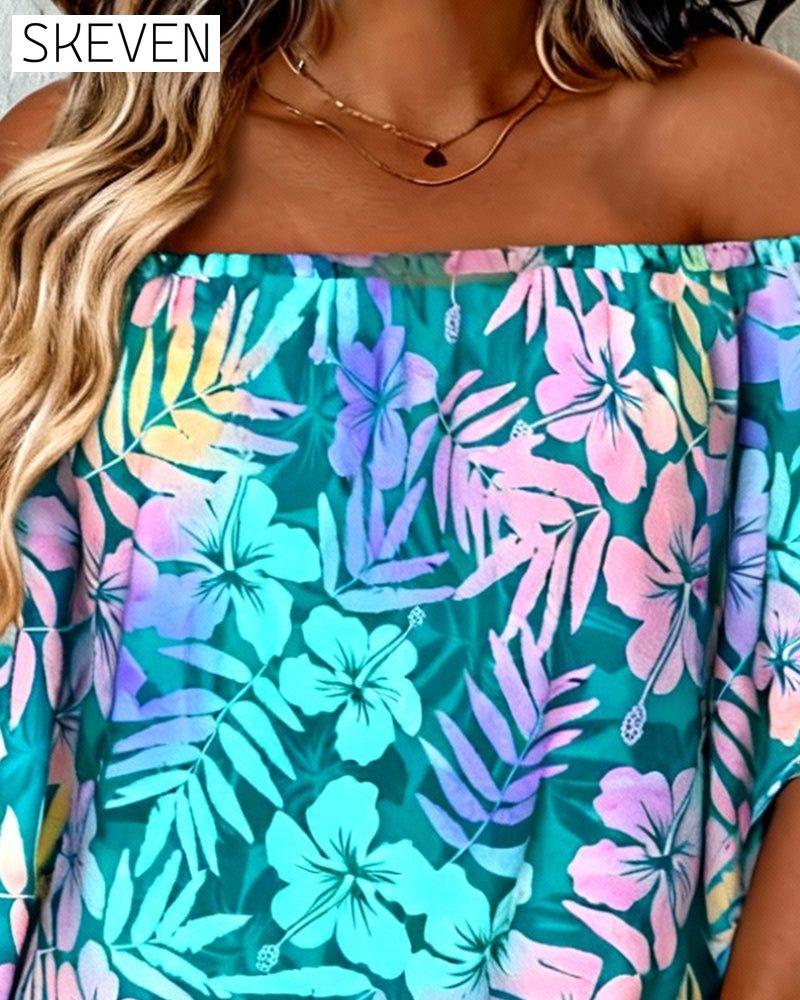 Off-The-Shoulder Batwing Sleeve Printed Blouse