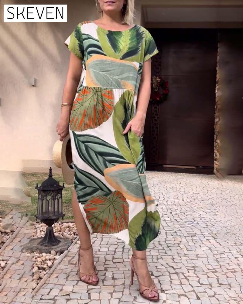 Leaf print short sleeve slit dress