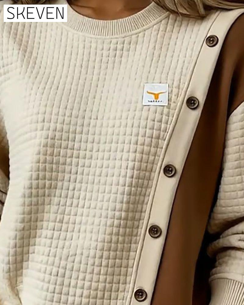 Long-Sleeved Waffle Color-Blocked Sweatshirt