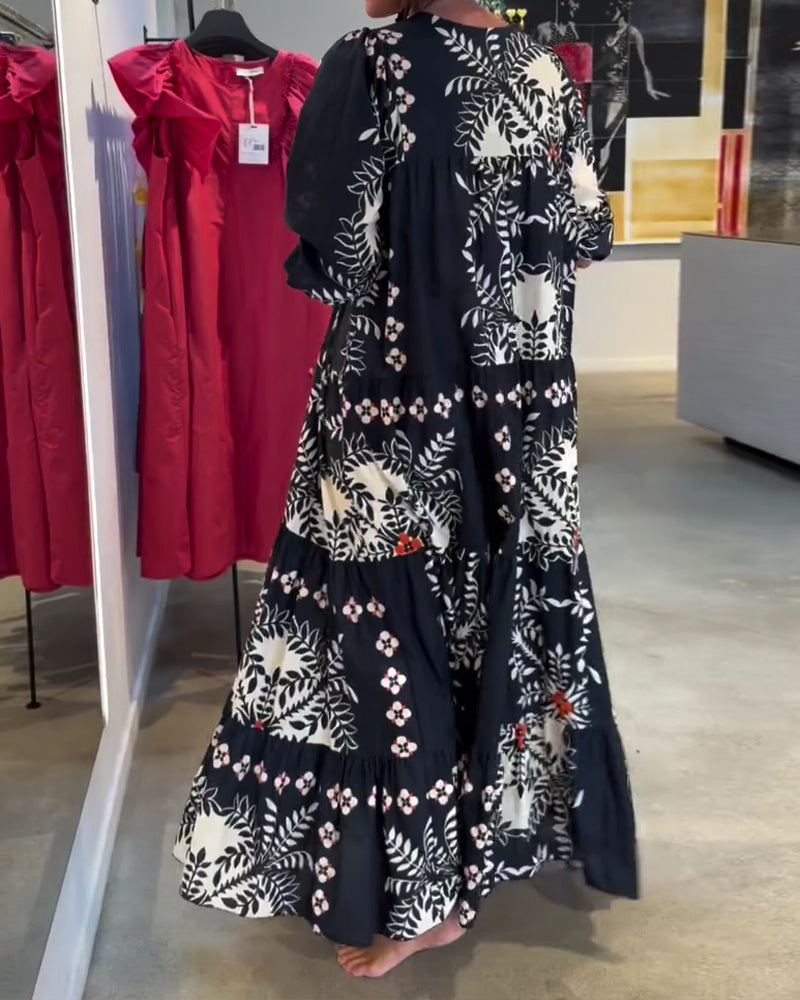 Tie Floral Full Skirt Vacation Maxi Dress