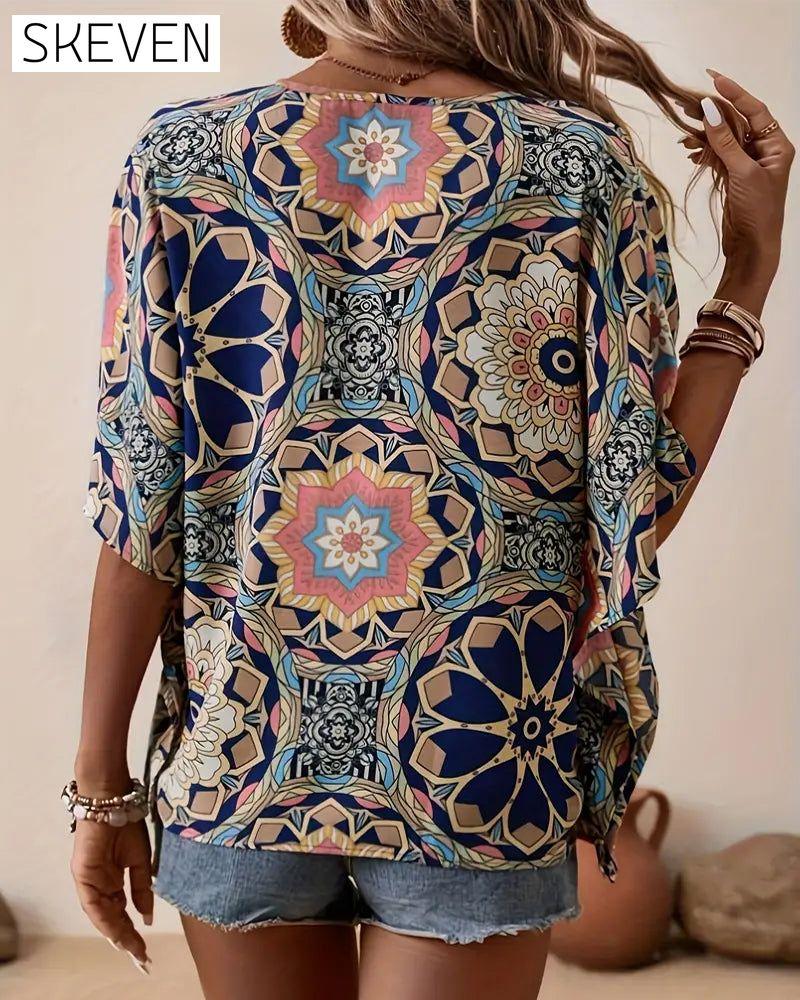 Retro-Bluse mit Print, V-Ausschnitt, Knopfleiste und halben Ärmeln