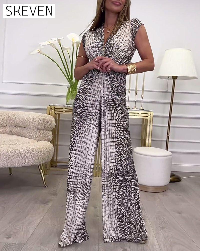 Ärmelloser Jumpsuit mit tiefem V-Ausschnitt und Print