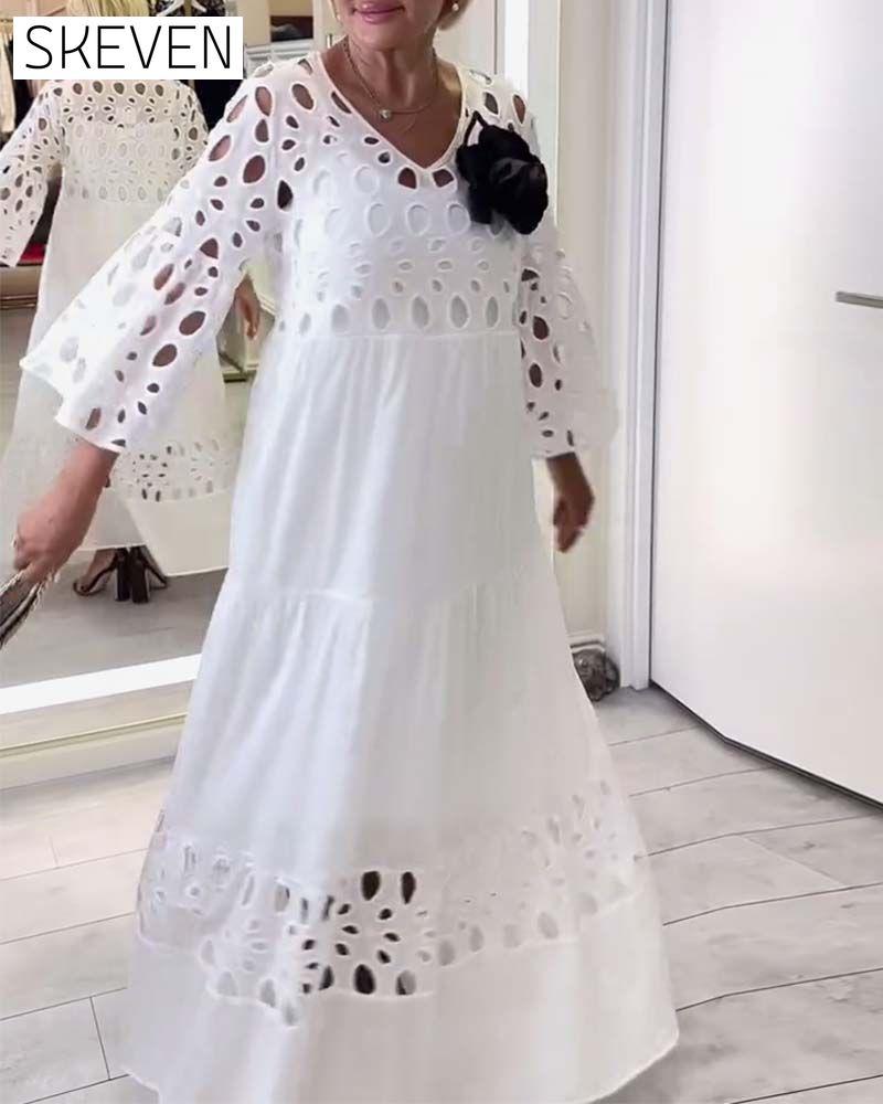 Elegant Solid Color Lace Hole Dress