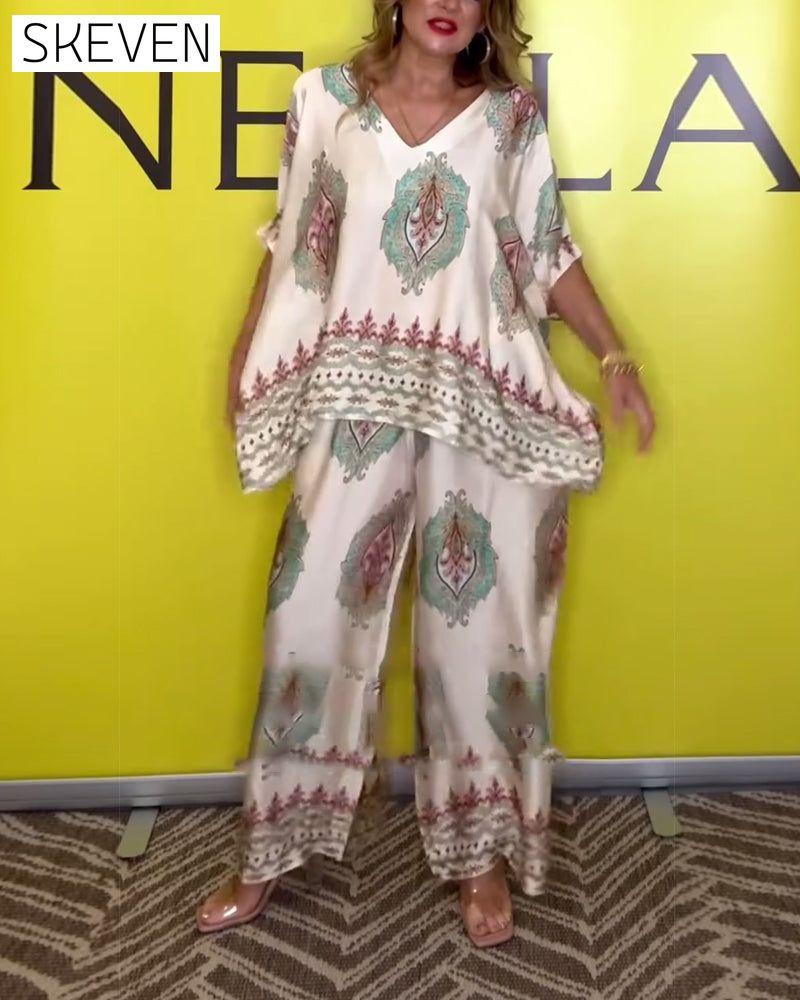 Temperament V-Neck Cashew Flower Wide-Leg Set