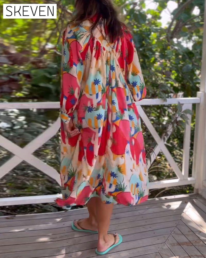 Printed lapel long sleeve dress