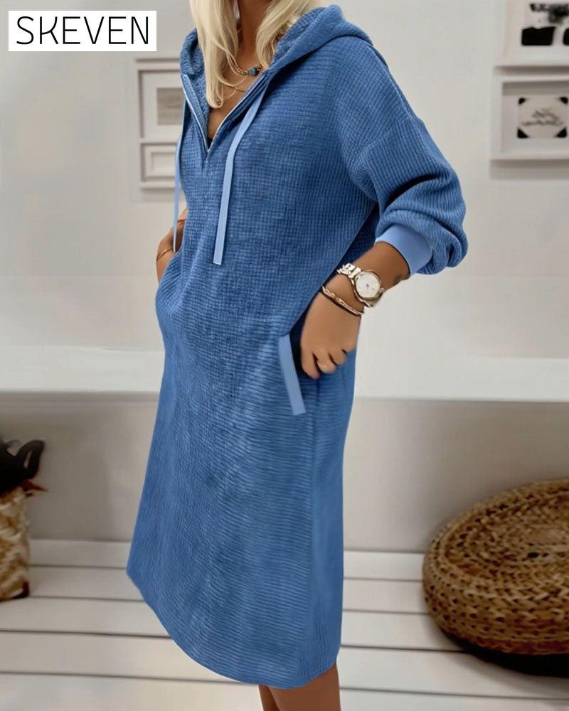 Fleece Waffle-Knit Casual Sweatshirt Dress