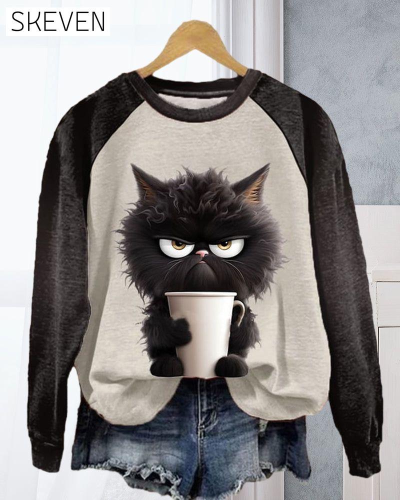 Katzen-Sweatshirt mit Farbblockmuster