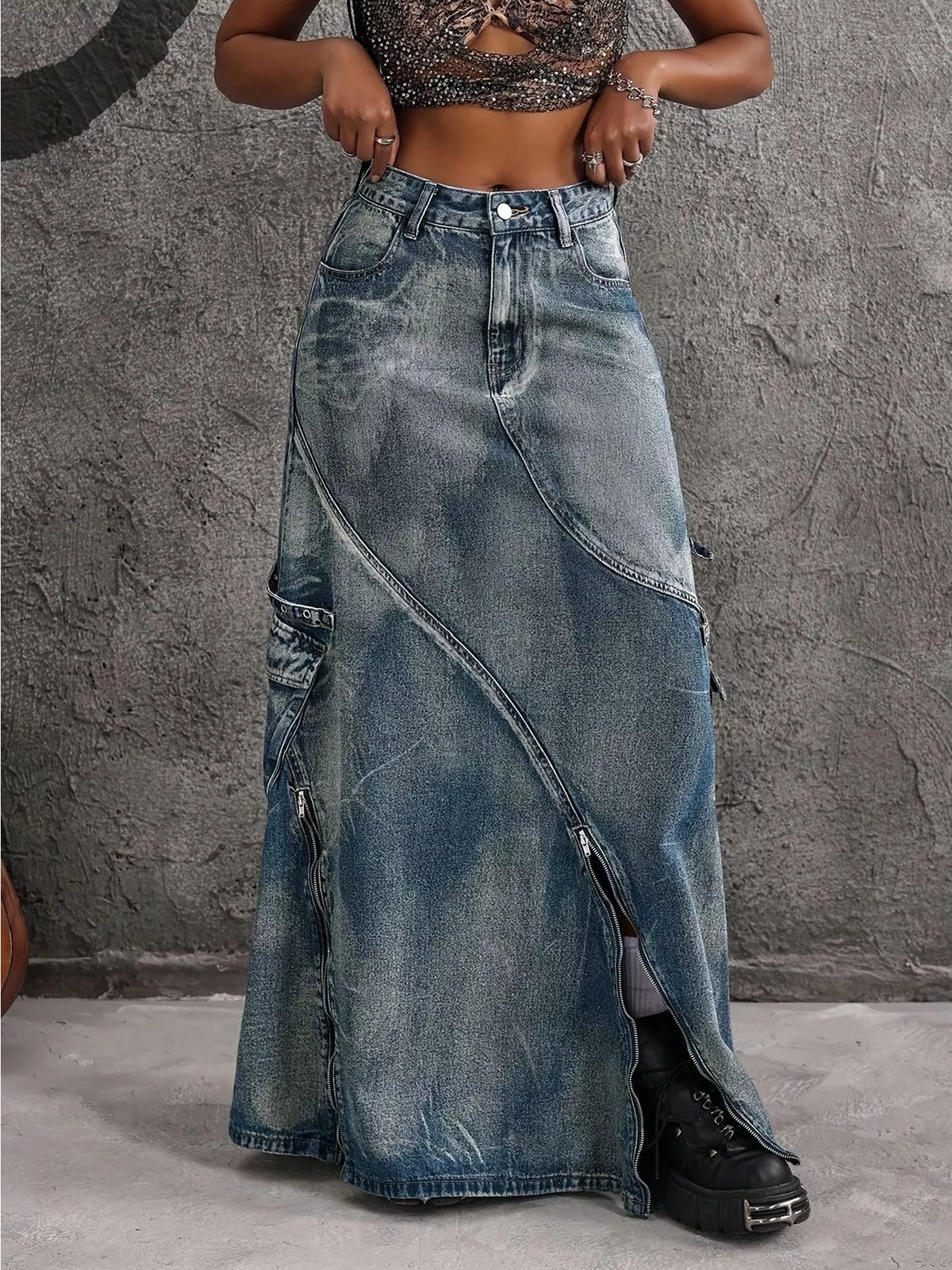 High-Waisted Denim Maxi Skirt with Zipper Slit