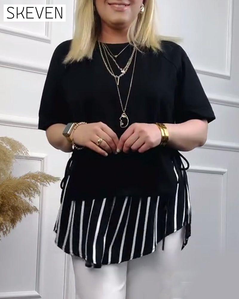 Casual striped print patchwork short-sleeve top 202466 blouses & shirts summer