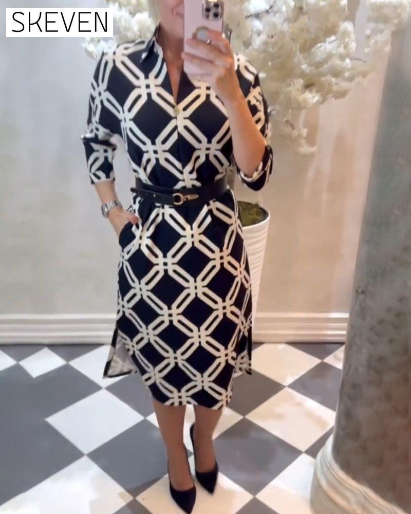 Geometric print side slit elegant dress