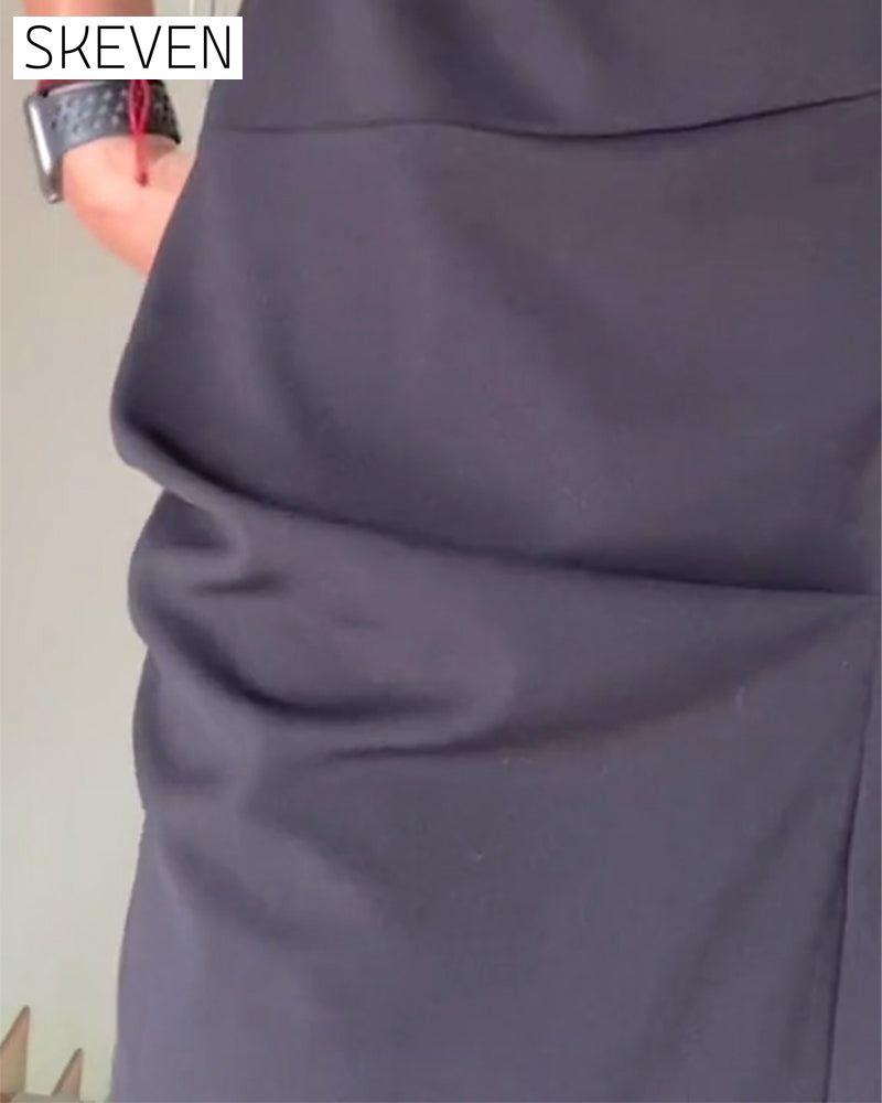 Round neck pleated solid color elegant dress