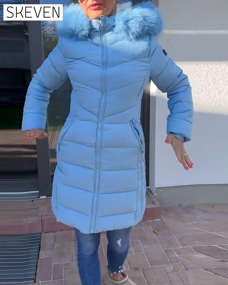 Casual solid color zipper pocket hooded padded jacket