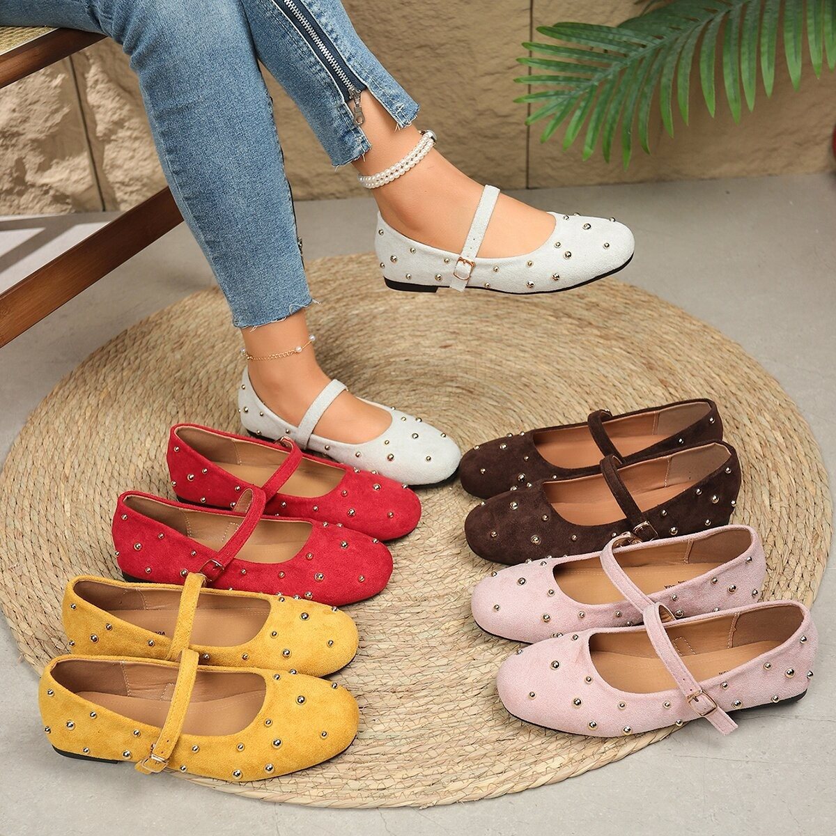 Mary Jane Womens French-style Rivet-studded Round-toe Flat Shoes
