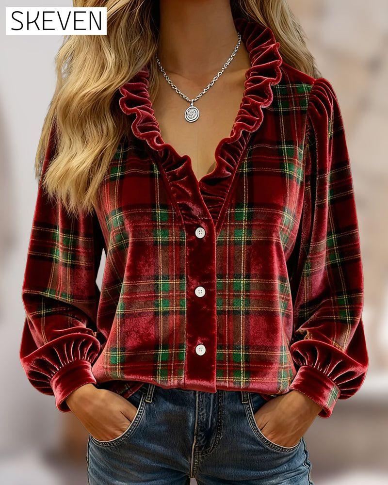 Ruffled V-Neck Velvet Top