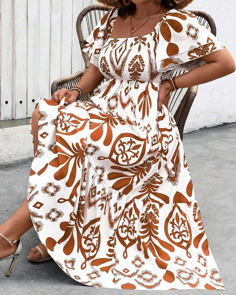 Blue Porcelain Square Neck Print Maxi Dress
