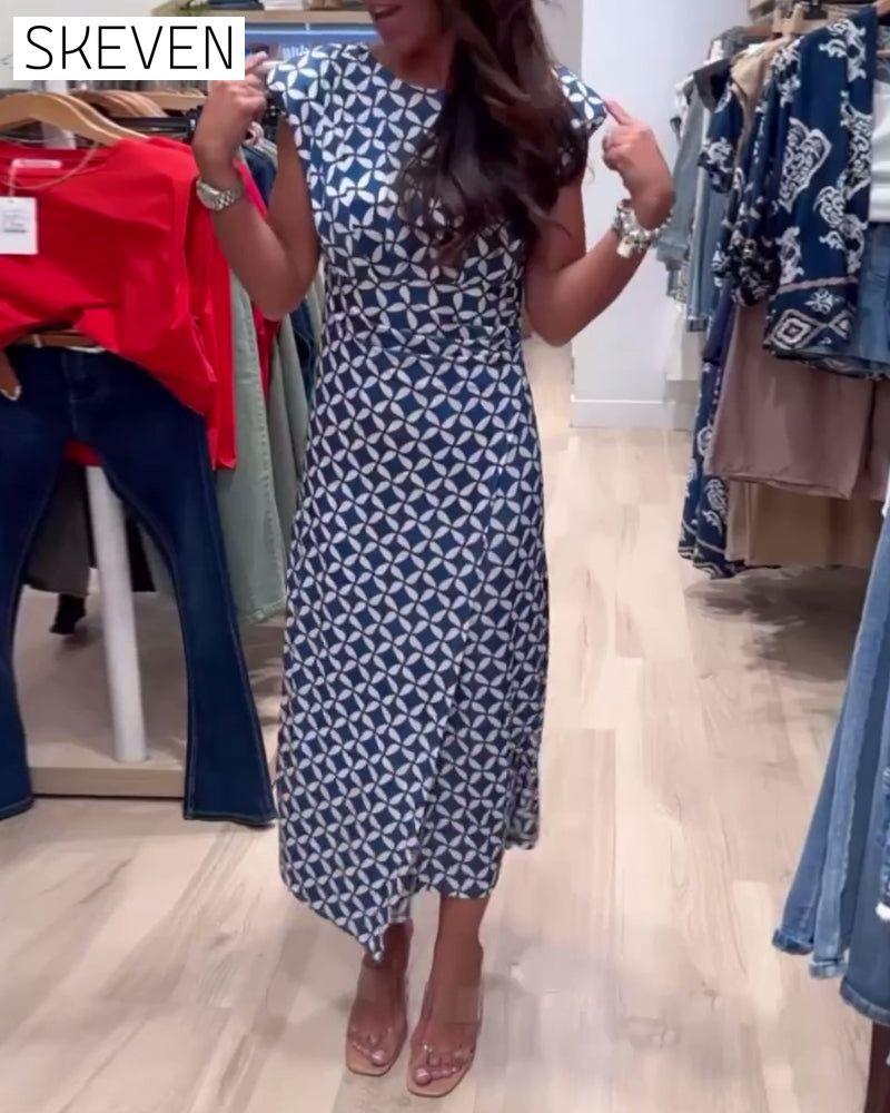 Geometric print round neck sleeveless elegant dress