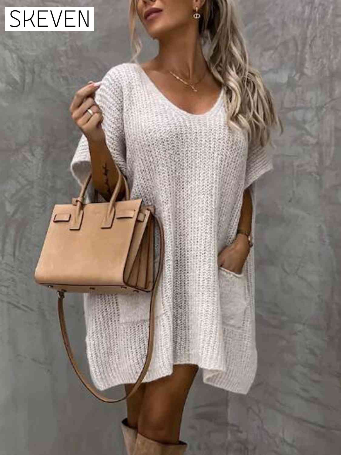 Short Sleeve Sweater Dress with Pockets Cream A@Y@M clothes Ship From Overseas