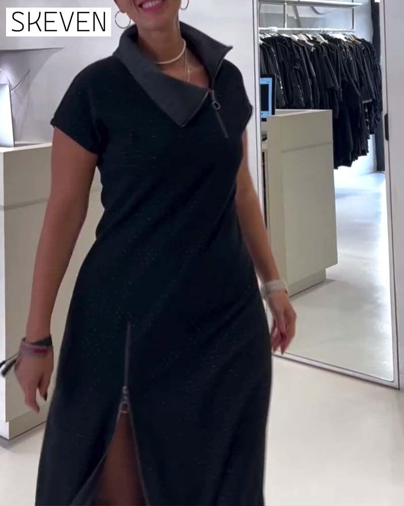 Robe décontractée asymétrique à col zippé et fente