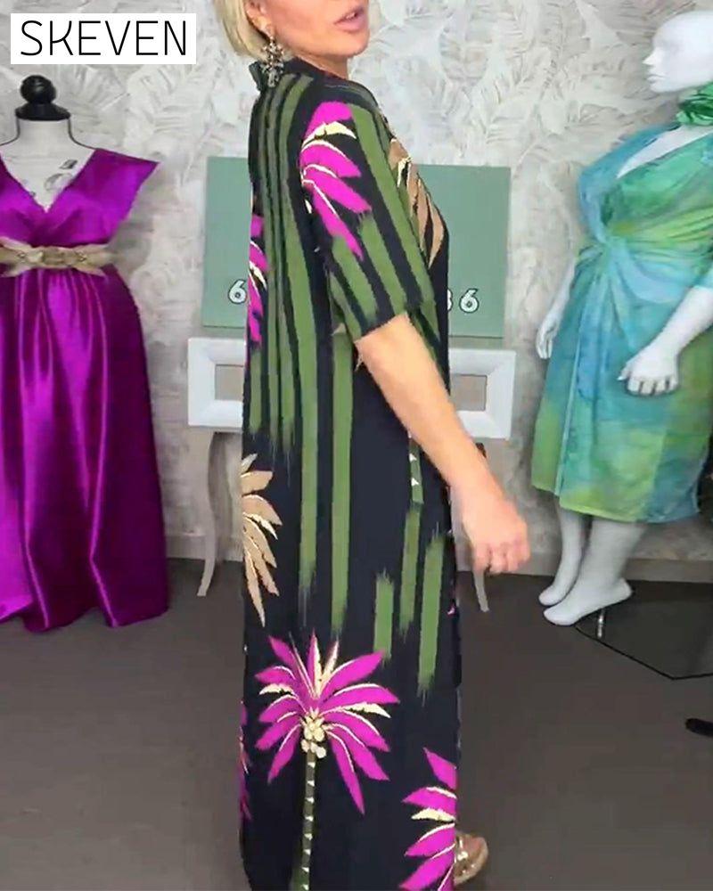 robe décontractée à imprimé feuilles, fente, manches courtes et ample