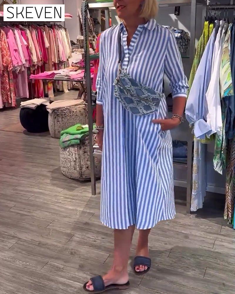 Stripe print lapel button dress