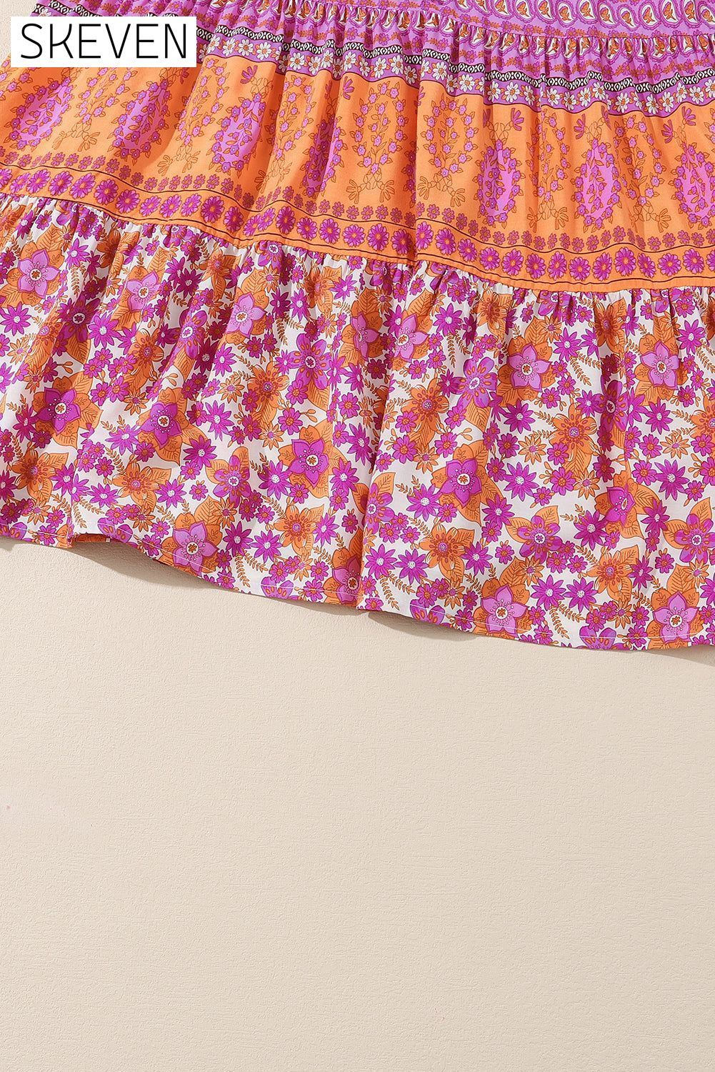 Rose Boho Floral Puff Sleeve V-Neck Ruffled Dress All In Stock clothes Color Pink DL Mediterranean EDM Monthly Recomend Occasion Vacation Print Floral Season Spring Silhouette A-Line Style Bohemian