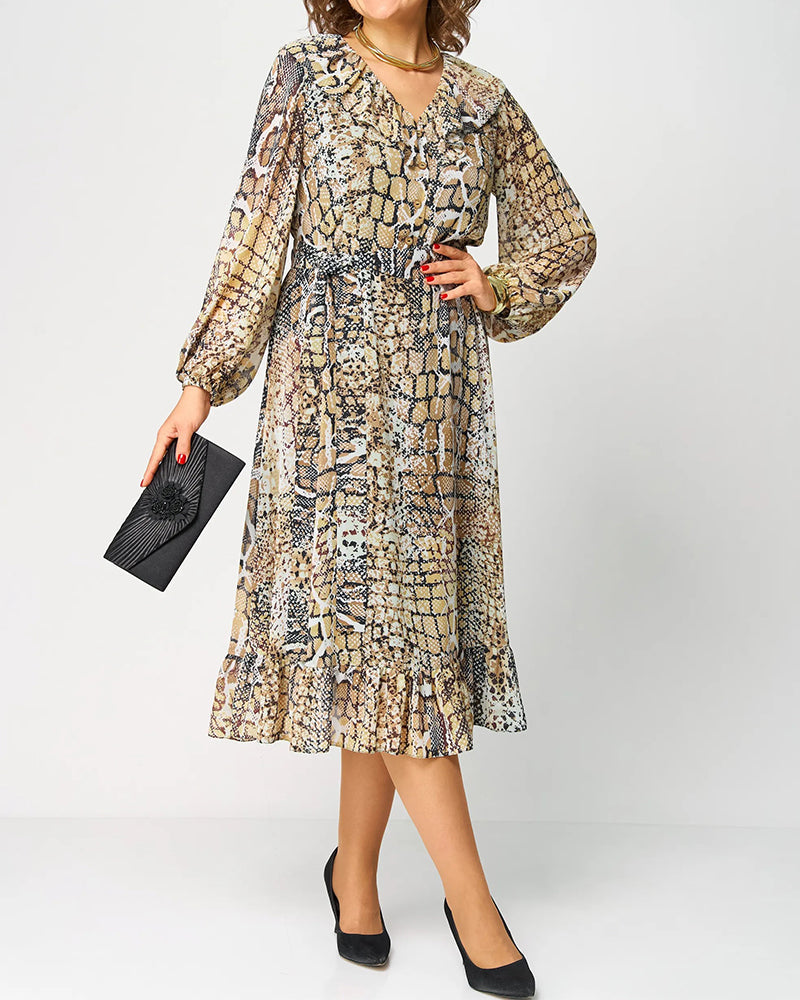Flounce-Collar Lantern-Sleeve Printed Dress