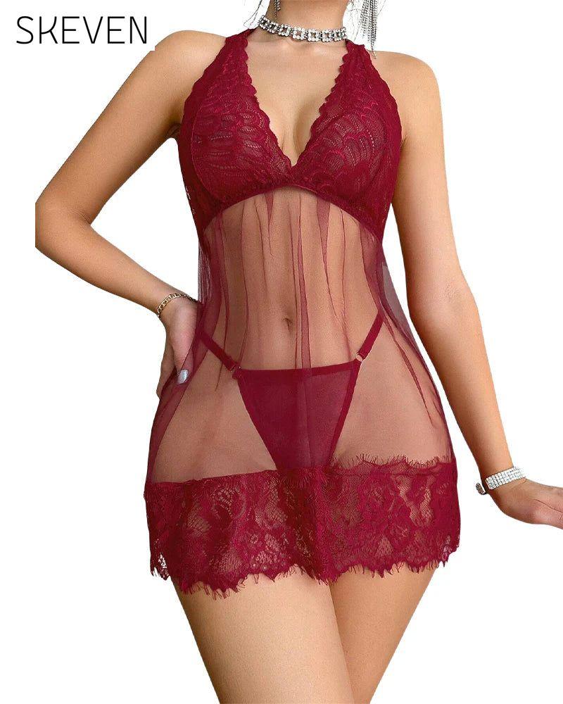 Nuisette babydoll en dentelle florale à dos nu et string 