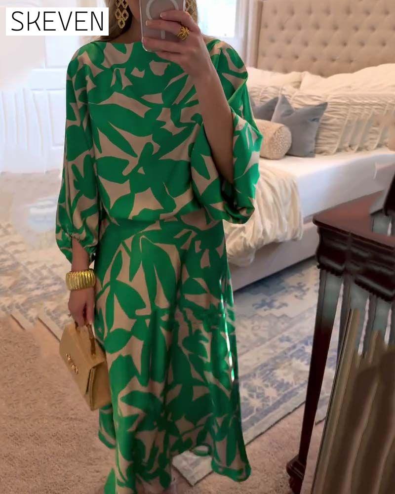 Temperament Printed Lantern Sleeves Casual Dress Set