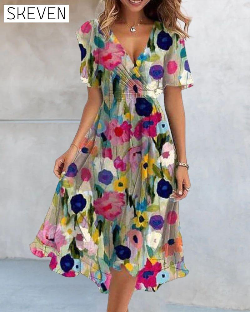 robe imprimée colorée à col en V