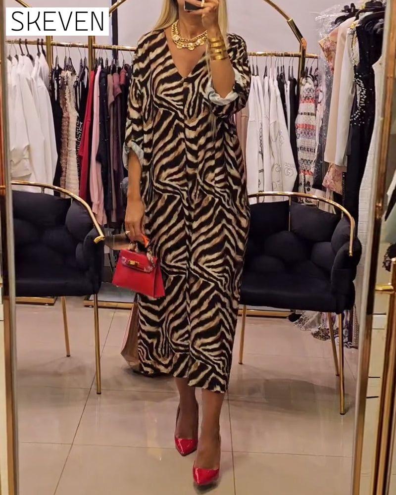 robe décontractée à col en V imprimé zèbre