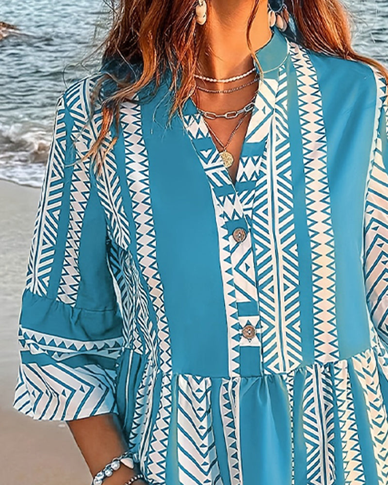 Stand Collar Geometric Print Dress