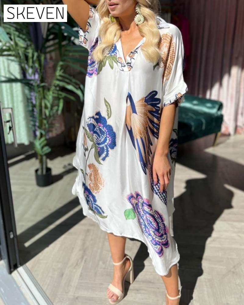 V-neck printed loose dress casual dresses summer