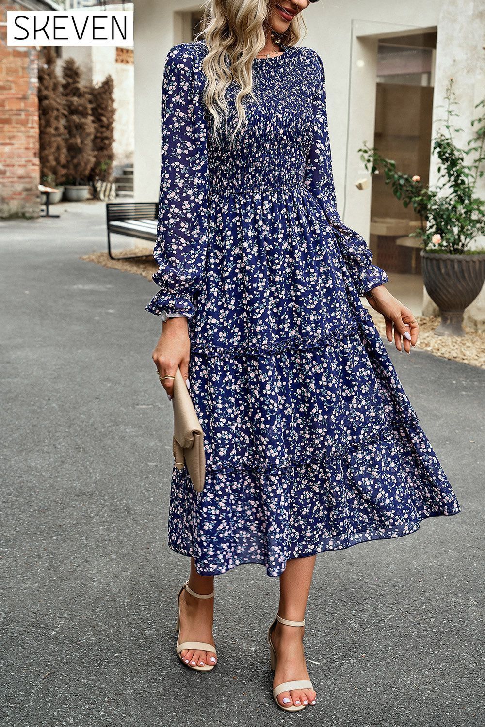Smocked Flounce Sleeve Midi Dress clothes DY Ship From Overseas trendsi