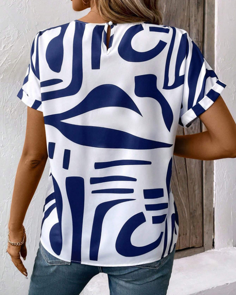 Round Neck Short Sleeve Geometric Print T-Shirt