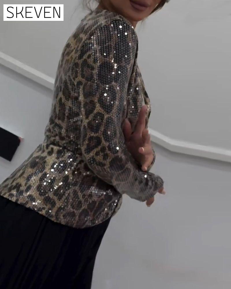 V-Neck Leopard Print Waist Shirt