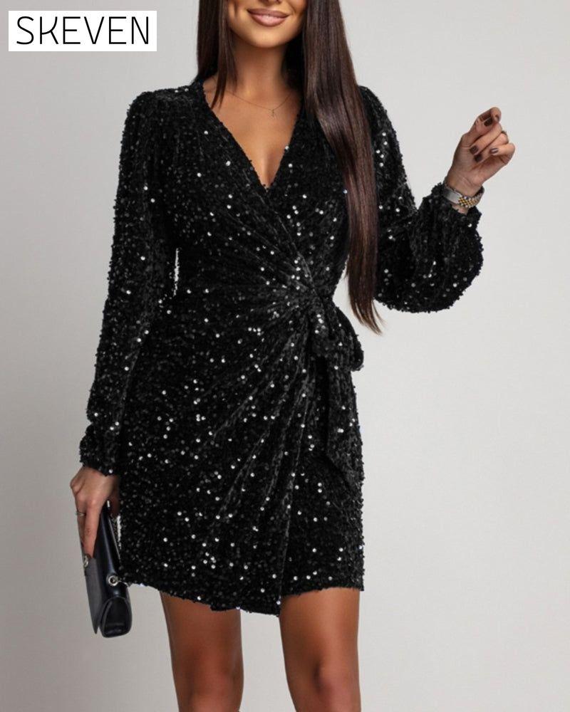Robe tendance à sequins, col en V et manches lanternes