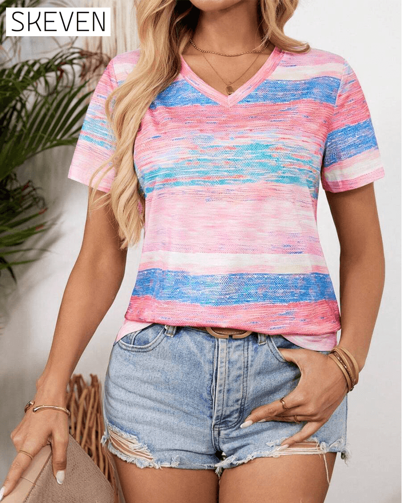 V-Neck Colorful Striped Versatile T-Shirt