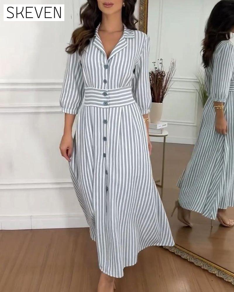 Stripe print lapel button elegant dress 202466 casual dresses spring summer