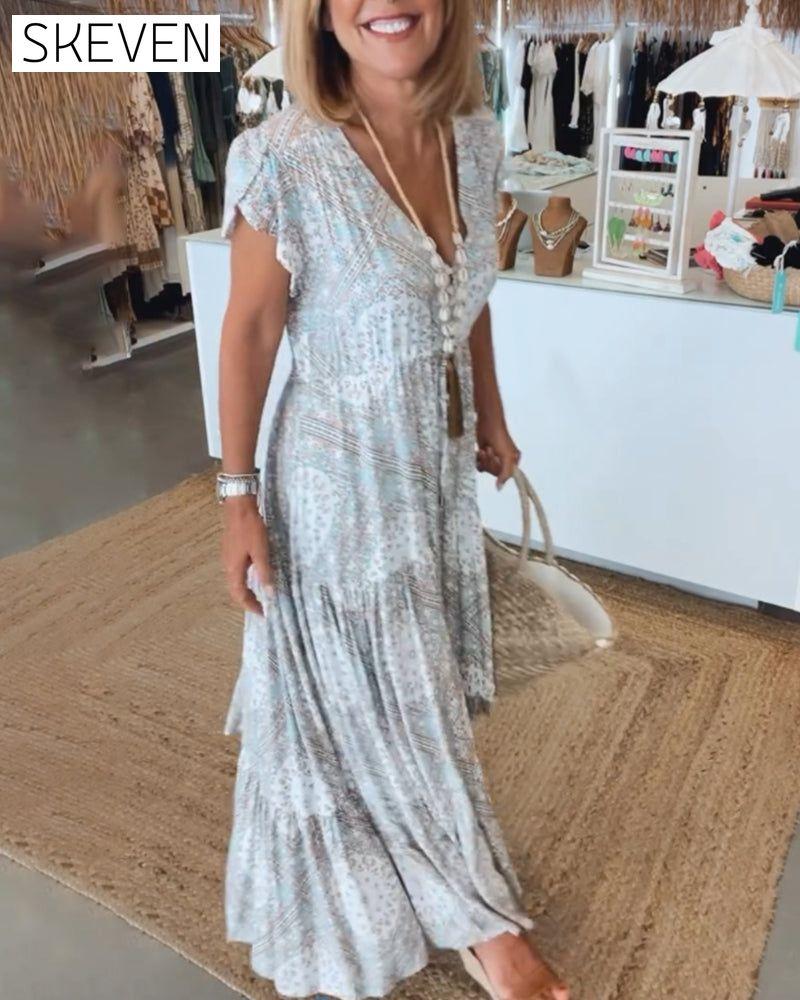 Vacation print V-neck split sleeve dress