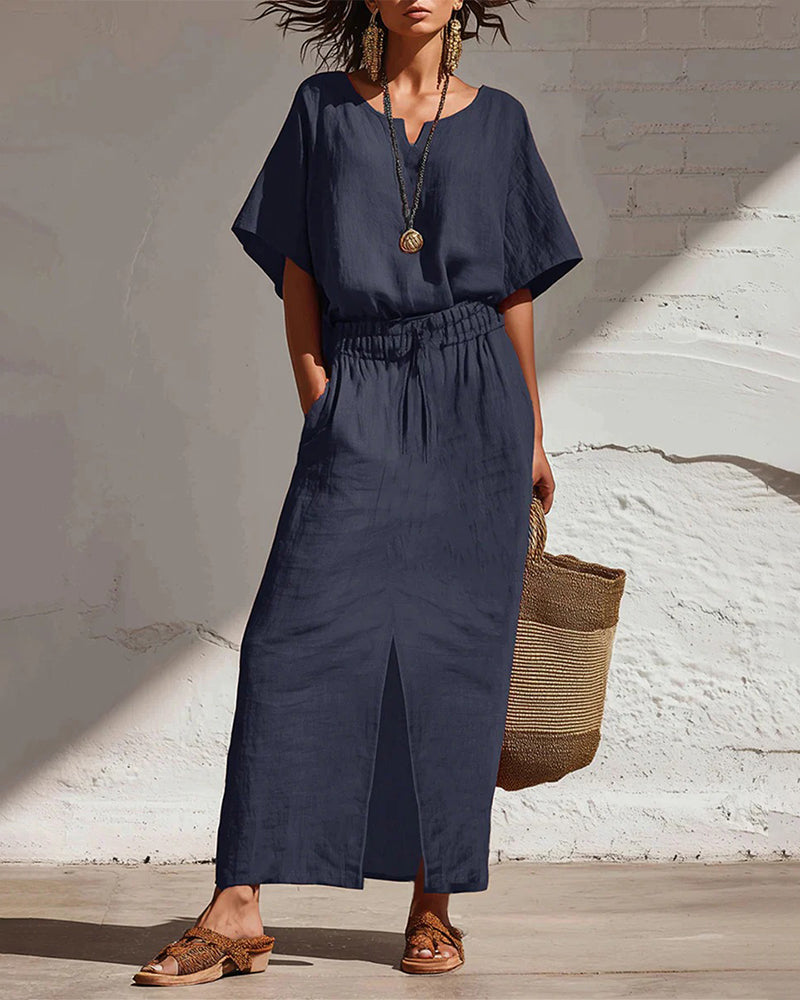 Relaxed Short Sleeve Split Skirt Two-Piece Set