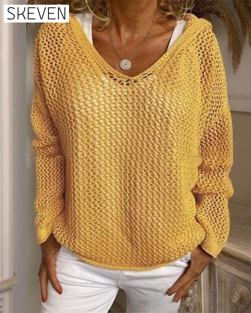 Damen Häkel-Kapuzenoberteile mit langen Ärmeln und Lochmuster